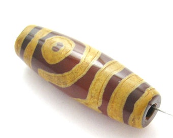 Carnelian dZi bead - Oblong Shape with Shape with 2 Eyes Totem - 30x10mm - Tibetan Stone Beads - Sku: 302057