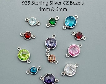 6 mmまたは4 mmスターリングシルバーAAA CZストーンコネクタ-小さな誕生石コネクタ-永久ジュエリー-ジュエリーサプライ-誕生石コネクタ