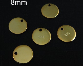 Gold plated Sterling Silver Tags -Round Coin Tag- Gold Circle Tag Charms-High Polish Smooth Round Disc Tag,Stamping Blank- Sku: 217004-VM