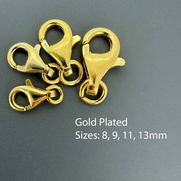 22K Gold Plated 925 Sterling Silver Lobster Clasp, Trigger Clasp, Wholesale Supply, Bulk Clasps, 8mm, 9mm, 11mm, 13mm, With Open Jump Ring,