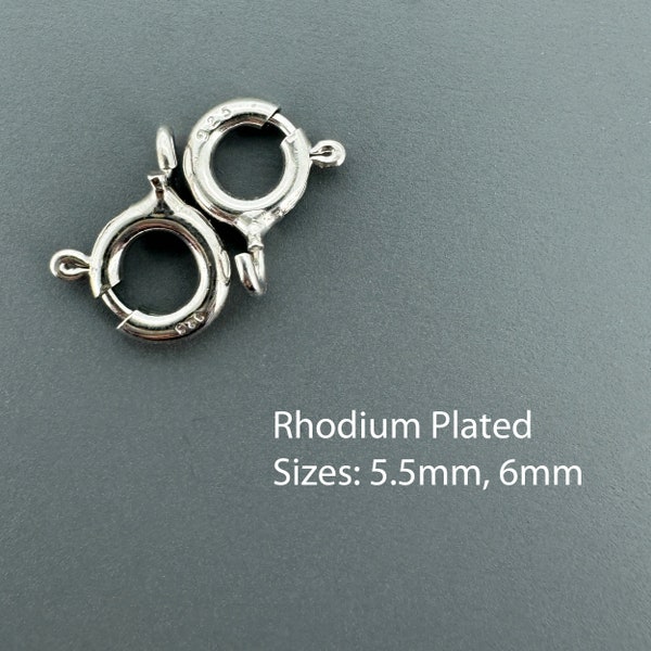 Rhodium Plated 925 Sterling Silver Spring Rings, Clasp With Open Loop, Bulk Clasps, Round Clasp, Wholesale Jewelry Supplies, 6mm, 5.5mm
