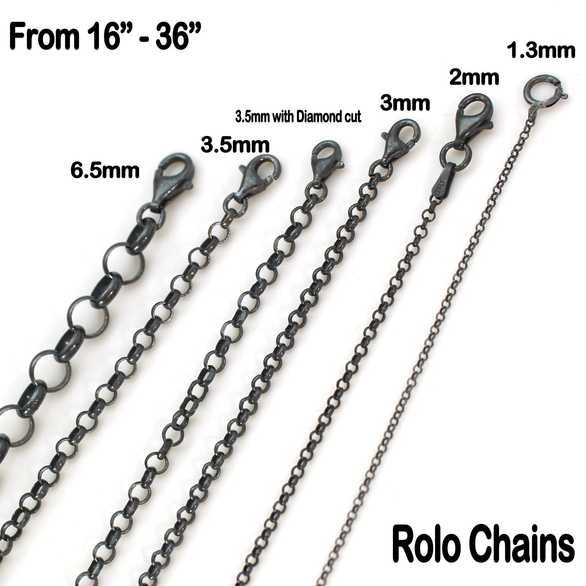 Oxidized 925 Sterling Silver Necklace Chains-Black Rolo Necklace-6 Rolo Sizes-Ready For Pendants-Chunky Rolo Chain-Delicate Chain-16" to 36"