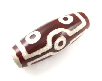 Carnelian dZi bead - Oblong Shape with 7 Eyes Totem - Glossy Carnelian- 40x14mm - Tibetan Stone Beads - Sku: 302016