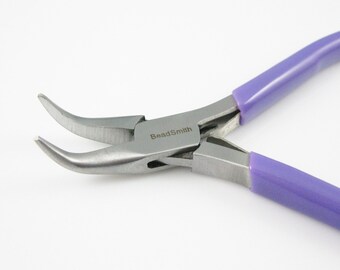 Jewelry Making Pliers - Beadsmith Pliers - Super Fine Bent Chain Nose Pliers with Spring- Purple PVC Handle -  Polished Steel - Sku: 501006