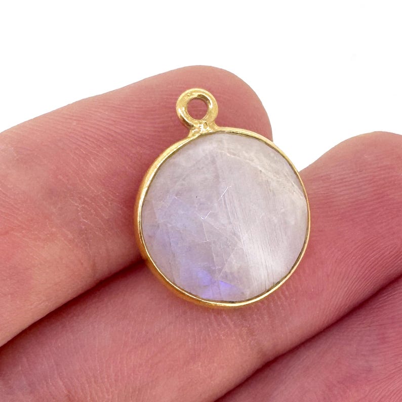 Bezel Gemstone Pendant-Faceted Round Charm-Gold Plated Sterling Silver Charms-Necklace Birthstone Charms-14mm (1pc) SKU: 201102 image 3