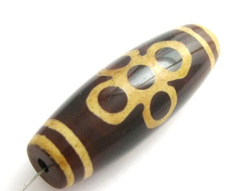 Carnelian dZi bead - Oblong Shape with 5-Eyes Bolt Totem - 38x14mm - Tibetan Stone Beads - Sku: 302015