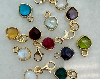 Gold Over Sterling Silver Bezel Birthstones-Heart Shaped Bezel Gemstones-Charm With Clasp-Charm With Open Ring-Birthsone Charms-Add on Charm