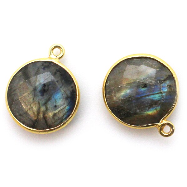 Bezel Gemstone Pendant-Labradorite -Faceted Round Charm-Gold Over Sterling Silver Frame-Charms-Gem Pendant-14mm (1 pc) Sku: 201102-LAB