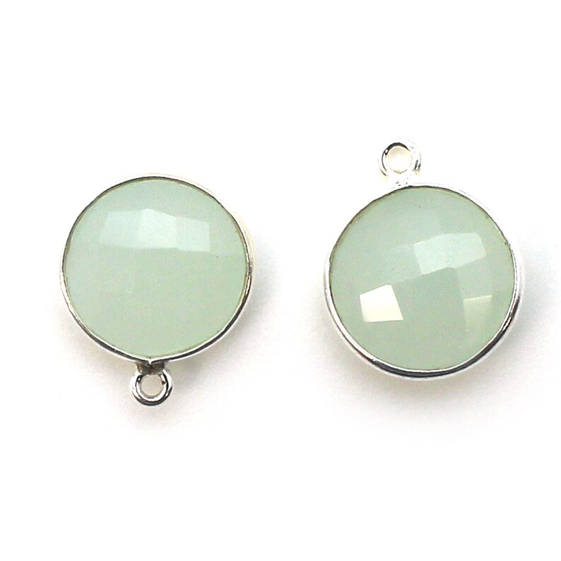 Bezel Gemstone Pendant-Aqua Chalcedony 1pc SKU 201111-AQC Faceted Round Charm-Sterling Silver Frame-Coin Shape Gem Pendant-19mm