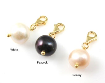 Charm de perlas de agua dulce de plata de ley chapada en oro - Charm adicional - Charm para pulsera con cierre - Regalo artesanal para ella