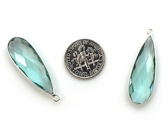 Gemstone Pendant - Aqua Quartz - Faceted Elongated Teardrop Charm-Sterling Silver Frame - Jewelry Pendants - 34mm (1 pc) SKU: 201113-AQR
