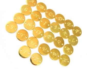 Gold Letter Disc Charm -Gold plated 925 Sterling Silver Connector-High Polish Stamped Letter Initial Charms-Wholesale Charms- Sku: 201263-VM