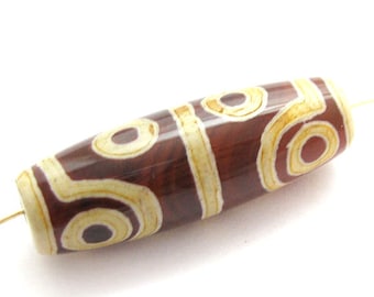 Carnelian dZi bead - Oblong Shape with 8 Eyes Totem - 38x14mm - Tibetan Stone Beads - Sku: 302059