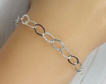 Sterling Silver Bracelet-Big Flat Oval Shape 8.5mm by 6mm-Chunky Bracelet Chain-Cable Chain Charm Bracelet  (7.5 inches) - SKU: 601010-7.5