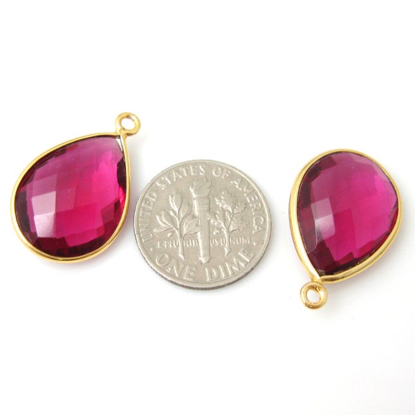 Bezel Gemstone Pendant-Rubellite Quartz-Faceted Teardrop Charm-Gold Plated Sterling Silver Frame-Jewelry Pendants-22mm (1pc) SKU: 201101-RLQ