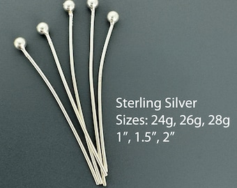 925 Sterling Silver Ball End Headpins, Wholesale Headpins, Bulk Headpins, Wholesale Supplies, Jewelry Pins, 24g, 26g, 28g, SKU: 204403