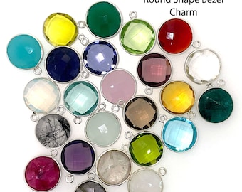 Bezel Gemstone Pendant-Faceted Round Charm-Sterling Silver Frame-Jewelry Charms and Pendants-Coin Shape Gem Pendant-14mm (1 pc)