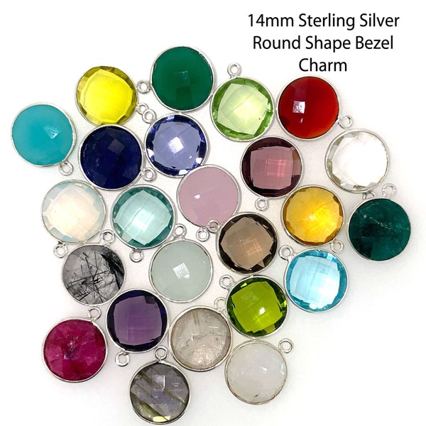 Bezel Gemstone Pendant-Faceted Round Charm-Sterling Silver Frame-Jewelry Charms and Pendants-Coin Shape Gem Pendant-14mm (1 pc) SKU: 201111