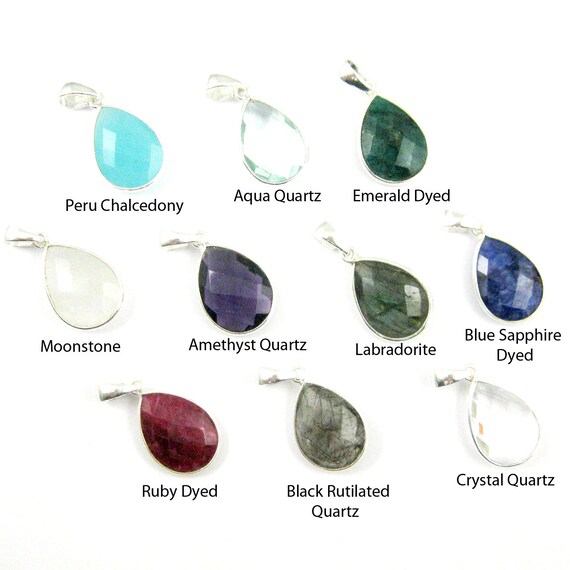 Bezel Gem Pendant with Bail-Aqua Quartz Sterling Silver Teardrop Bezel 29mm