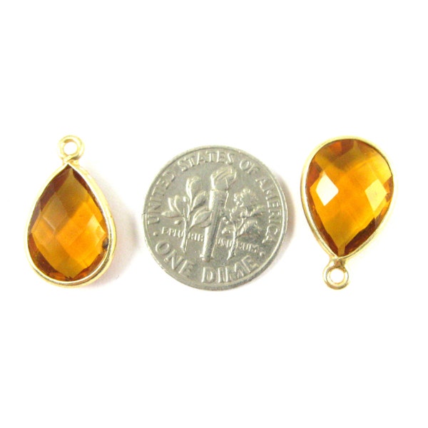 Bezel Gemstone Pendant - Small Teardrop Bezel Charm - Gold Plated Bezel Frame - Citrine Quartz-Gem Pendant - 14mm (1pc) SKU: 201107-CTQ