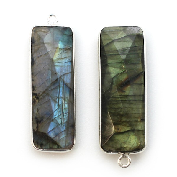 Labradorite Gemstone Pendant - Faceted Elongated Rectangle - Sterling Silver Frame - Long Bar Gem Pendant - 34mm (1pc) SKU: 201114-LAB