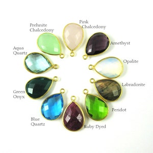 10 different bezel teardrop pendants are displayed in a circle with their name next to them.