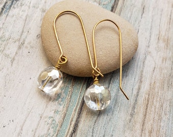 Simple Gold Clear Crystal Flower Handmade Earrings, 1.5" ON Sale! Minimalist Crystal Gold Earrings, Handmade Jewelry, Long earwire earrings