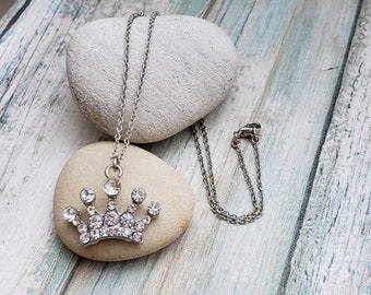 Princess Crown Rhinestone Silver Necklace, ON SALE! Crystal Crown Necklace, Princess Handmade Jewelry, Handmade Necklace, Unique Jewelry