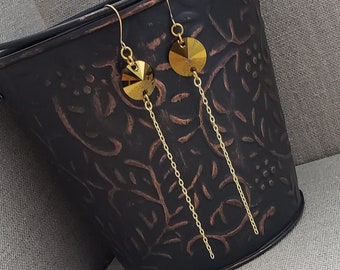 Shoulder Duster Gold Crystal Earrings, 3.5" Long, ON SALE!! Gold Tassel Earrings, Handmade Earrings, Handmade Jewelry, Bronze Saucer Crystal