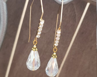 Shoulder Duster Gold Crystal Rhinestone Earrings, 2" Long, ON SALE!!! Gold Crystal Dangle Earrings, Handmade Earrings, Skinny Long Earrings