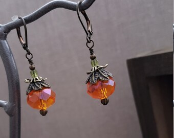 Antique Brass Fall Pumpkin Crystal Orange Earrings, 1.5" Long, ON SALE! Crystal Handmade Earrings, Handmade Jewelry. Fall Holiday Earrings