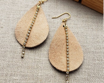 Suede Teardrop Earrings, 3" Long ON SALE! Gold Rhinestone Leather Earrings, Light Beige Suede Earrings, Handmade Earrings, Handemade Jewelry