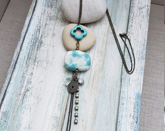 Handmade Antique Brass Boho Crystal Pearl Vintage Style Necklace, ON SALE! Porcelain Turquoise Cross Bohemian Necklace, Long Boho Necklaces