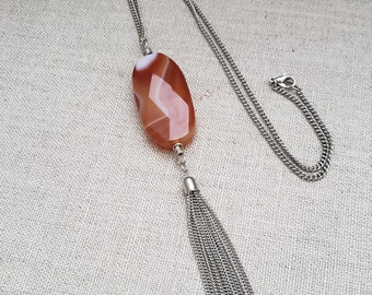 Long Chunky Gemstone Carnelian Stone Silver Tassel Necklace, 19", On SALE, Tassel Gemstone Necklaces, Tassel Jewelry, Large Gemstone Jewelry