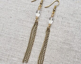 Long Gold Crystal Tassel Handmade Earrings, 3.5" Long ON Sale! Shoulder Duster Earrings, Pencil Earrings, Shoulder Duster Earrings, Handmade