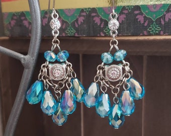 Crystal Teal Chandelier Dangle Handmade Earrings, 2.5", ON SALE! Aqua Blue Crystal Teardrop Earrings, Handmade Earrings, Fan Style Earrings