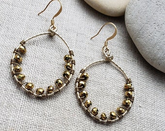 Gold & Bronze Hoop Earrings, ON SALE!!! Wire Wrapped Gold Teardrop Earrings, Handmade Earrings, Nickel Free Earwires, Handmade Jewelry