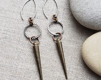 Spike Mixed Metal Earrings, 3" Long, ON SALE!!! Silver Gunmetal Brass Earrings, Handmade Earrings, Handmade Jewelry, Light weight Earrings