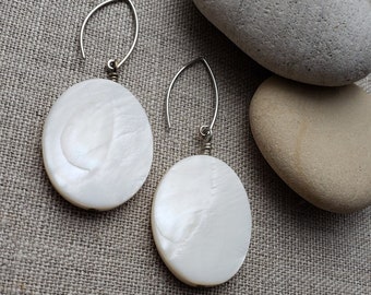 White Shell Earrings, 2.25 Inches ON SALE!!! Simple White Oval Earrings, Ocean Earrings, Trending Earrings, Handmade Jewelry, Shell Jewelry