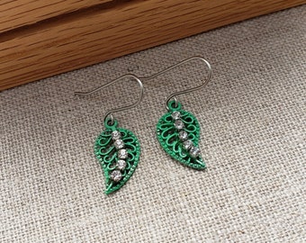 Leaf BOHO Rhinestone Antique Brass Earrings, 1" Long, ON SALE!!! Hand painted Patina Earrings, Handmade Nature Botanical Leaf Jewelry