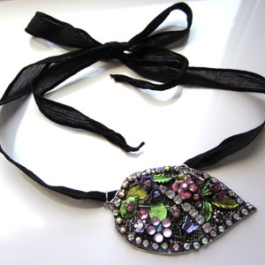 Leaf Pendant Mosaic Necklace, Fairy GOA Necklace, BOHO Necklace, Silk Ribbon Jewelry, Nature Botanical Jewelry OOAK, Leaf Fairy Jewelry image 2