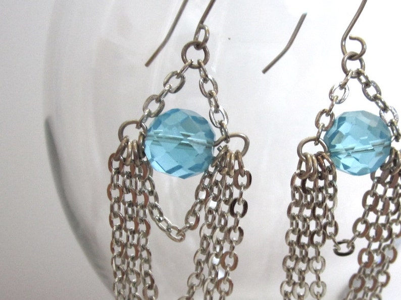 Chandelier Chain Earrings, ON SALE Drape Earrings, Ocean Teal Blues Chandelier Crystals Earrings, Cascading Down Earrings image 5