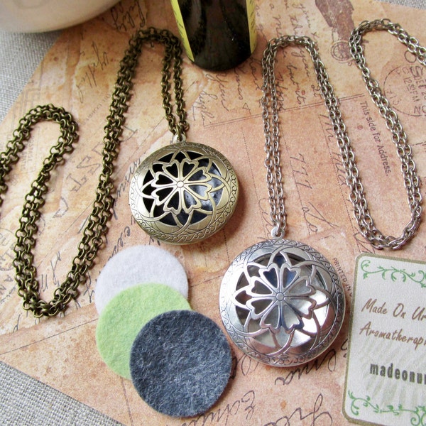 Aromatherapy Locket Necklace, Diffuser Necklace, Essential Oil Locket, Antique Brass Silver Essential Oil Aromatherapy Jewelry