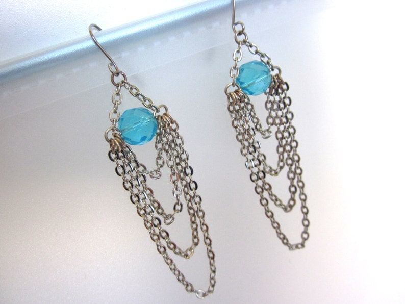 Chandelier Chain Earrings, ON SALE Drape Earrings, Ocean Teal Blues Chandelier Crystals Earrings, Cascading Down Earrings image 4