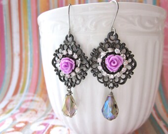 Pendientes de rosas románticas, en venta!!! Pendientes de piedra de rin, pendientes de rosa púrpura, pendientes de rosa de lavanda, pendientes de gota de cristal