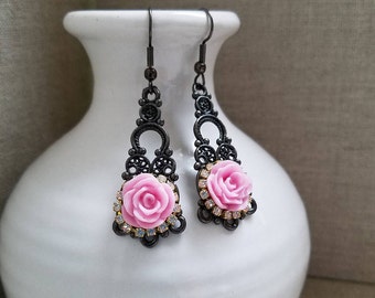 Pink Rose Flower Earrings, ON SALE!!!  Shabby Chic Rose Earrings, Gunmetal Rhinestone Flower Earrings, Handmade Jewelry, Rose Jewelry