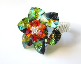 Beaded Ring, Flower Beadwoven Ring, Swarovski Crystal Vitrail Rainbow Effect Ring, Size 7 1/2, Beadweaving Jewelry, Accept Custom Orders