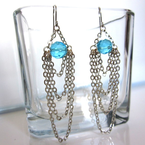 Chandelier Chain Earrings, ON SALE!!! Drape Earrings, Ocean Teal Blues Chandelier Crystals Earrings, Cascading Down Earrings