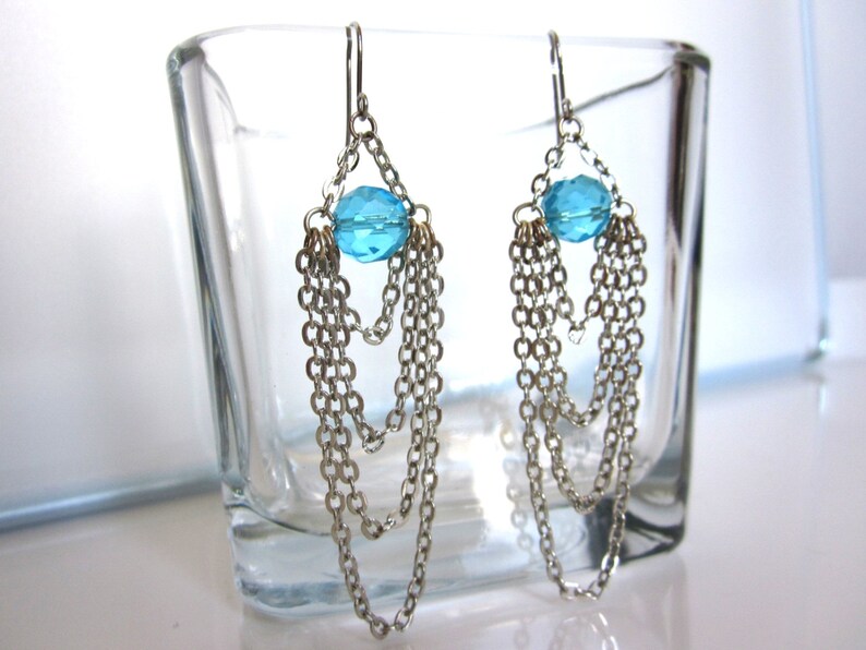 Chandelier Chain Earrings, ON SALE Drape Earrings, Ocean Teal Blues Chandelier Crystals Earrings, Cascading Down Earrings image 1