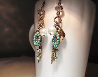 turquoise dangle earrings antique brass, ON SALE!!! pearls and crystal drop earrings, mixed metals earrings, handmade earrings